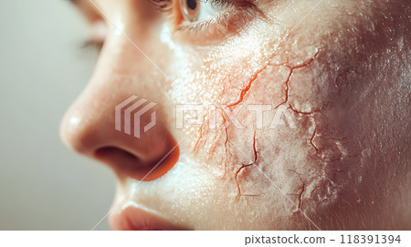 Cracked and dry facial skin portrayed in a close-up. 118391394