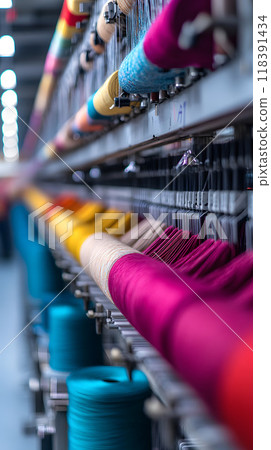 Close-up of Various Colored Spools in Textile Mill 118391434