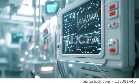 Hospital monitor showing patient health metrics close-up. Hospital monitor showing patient health metrics close-up. 118391440