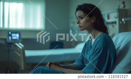 Pensive woman sitting alone on hospital bed in blue 118391527