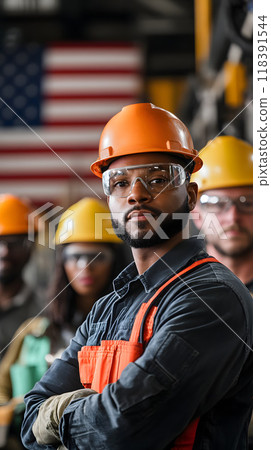 Confident young worker standing in factory setting 118391544