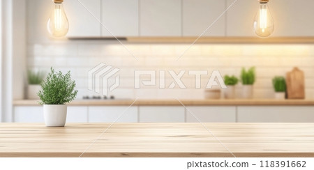 Bright and modern kitchen interior featuring wooden countertops with empty space Bright and modern kitchen interior featuring wooden countertops with empty space 118391662