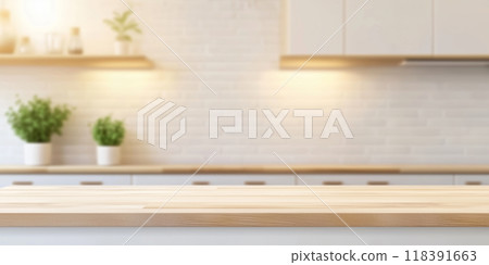Airy kitchen interior with wooden countertops with space to place product Airy kitchen interior with wooden countertops with space to place product 118391663