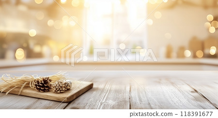 Warm and inviting kitchen with rustic wooden table featuring natural decorations 118391677