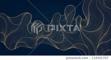 Vector golden on dark line wave background. Luxury abstract elegant flow Japanese illustration, premium sea curve template. 118391707