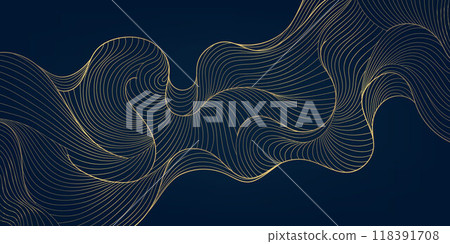 Vector golden on dark line wave background. Luxury abstract elegant flow Japanese illustration, premium sea curve template. Vector golden on dark line wave background. Luxury abstract elegant flow Japanese illustration, premium sea curve template. 118391708