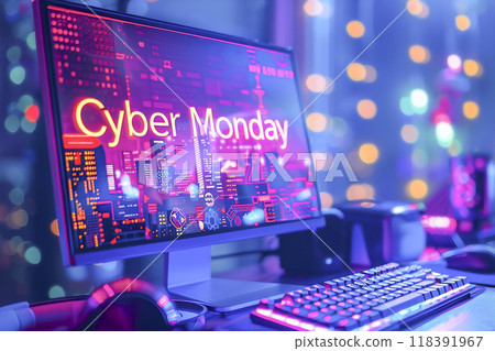 Neon text Cyber Monday on computer screen 118391967