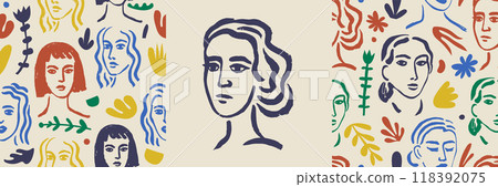Vector art woman face portrait and seamless patterns. Artistic beauty prints, modern illustration. Female hand drawn doodle drawing. Vector art woman face portrait and seamless patterns. Artistic beauty prints, modern illustration. Female hand drawn doodle drawing. 118392075