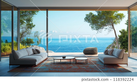 Interior with large window sea view Interior with large window sea view 118392224