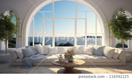 Interior with large window sea view 118392225