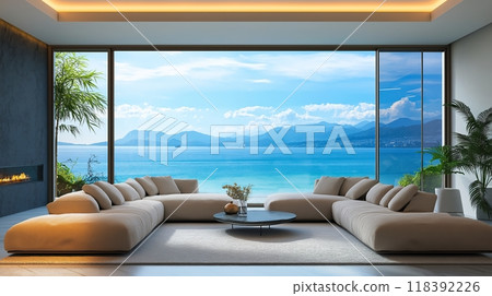 Interior with large window sea view Interior with large window sea view 118392226
