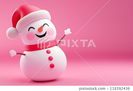手绘卡通可爱的戴圣诞帽的雪人插画 118392436
