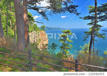 Tohoku, Unosu Cliffs, the view from the south observation deck that shows the park perched on top of a cliff, Tanohata Village, Iwate Prefecture (2) Tohoku, Unosu Cliffs, the view from the south observation deck that shows the park perched on top of a cliff, Tanohata Village, Iwate Prefecture (2) 118392455