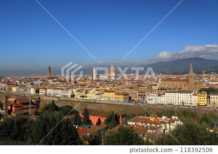 Southern Europe, Italy, Florence, Historic District of the World Heritage Site overlooked from the observation deck of Piazzale Michelangelo 118392506