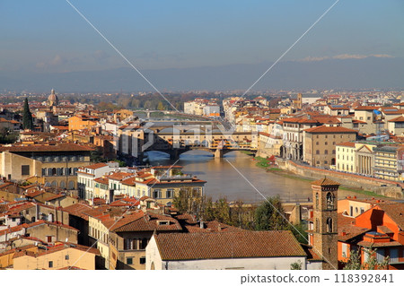 Southern Europe, Italy, Florence, Historical district of the World Heritage Site, Arno River and Ponte Vecchio viewed from Piazzale Michelangelo Southern Europe, Italy, Florence, Historical district of the World Heritage Site, Arno River and Ponte Vecchio viewed from Piazzale Michelangelo 118392841