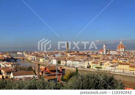 Southern Europe, Italy, Florence, Historic District of the World Heritage Site overlooked from the observation deck of Piazzale Michelangelo Southern Europe, Italy, Florence, Historic District of the World Heritage Site overlooked from the observation deck of Piazzale Michelangelo 118392842