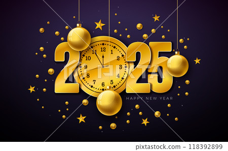 2025 Happy New Year Illustration with Gold Number, Clock and Christmas Ball on Dark Background. Holiday Design with Typography Lettering for Flyer, Greeting Card, Banner, Celebration Poster, Party 118392899