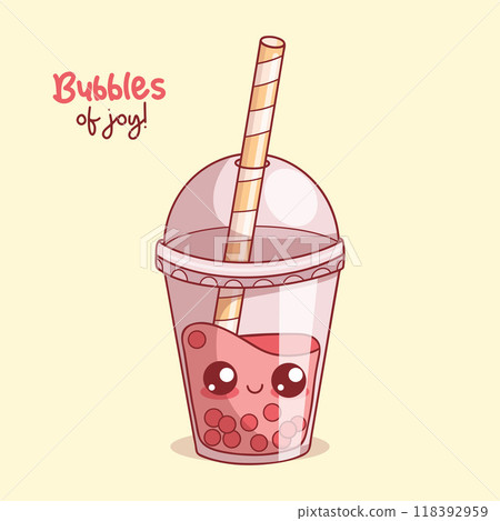Cute glass of Bubble Tea with straw. Funny cartoon kawaii character drink. Vector illustration. Kids collection. Cute glass of Bubble Tea with straw. Funny cartoon kawaii character drink. Vector illustration. Kids collection. 118392959