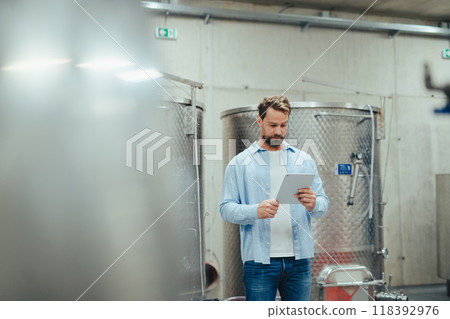 The winemaker standing in the wine cellar, monitoring the fermentation and aging processes in large barrels. The winemaker standing in the wine cellar, monitoring the fermentation and aging processes in large barrels. 118392976