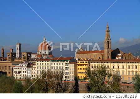 Southern Europe, Italy, Florence, World Heritage Site, historic district, Duomo and Santa Croce Basilica from across the Arno River 118393219