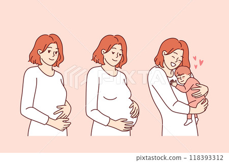 Pregnancy cycle of thin woman, during period of conception and after birth of baby. 118393312