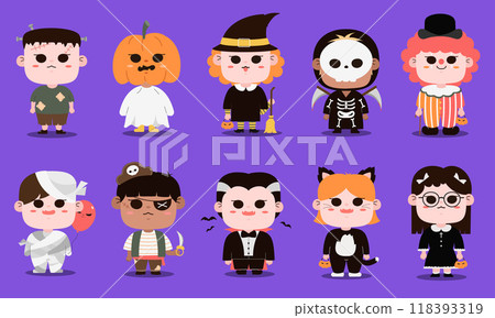 Cute Children in Halloween Costumes on Purple Background .Cartoon Style vector Illustrations. 118393319