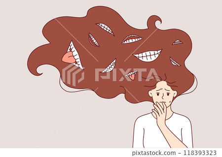 Schizophrenia and psychological health disorder in woman, with teeth and tongues in hair 118393323