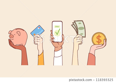 Different payment options show people hands, with cash or bank card and application in smartphones 118393325