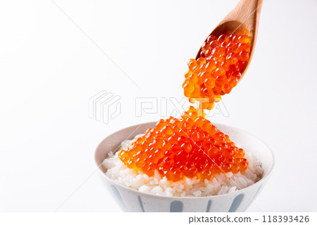 白色背景上的鮭魚子碗 白色背景上的鮭魚子碗 118393426