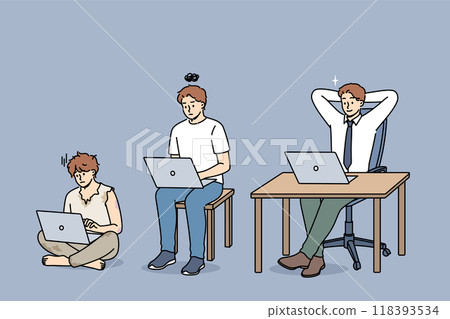 Evolution of man office clerk using laptop, gradually turning into successful manager Evolution of man office clerk using laptop, gradually turning into successful manager 118393534
