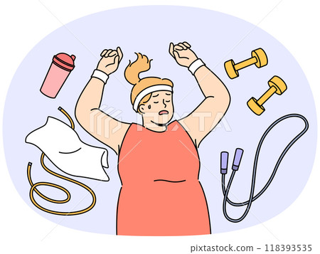 Fat woman lies on floor among fitness accessories, falling asleep after workout. 118393535