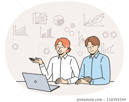 Business people are sitting at table with laptop, studying financial charts and graphs and using CRM 118393544