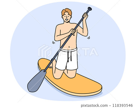 Man rides sup board with oar in hands and smiling looks at screen, encouraging exercise water sports 118393546