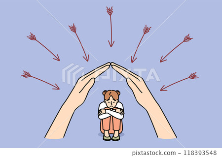 Mother hands protect little daughter from dangers and arrows, for concept of maternal philanthropy 118393548