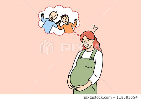 Pregnant mother is waiting for birth of twins from boy and girl, and smiles holding tummy 118393554