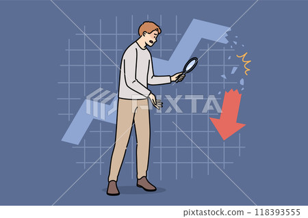 Collapse of stock market is seen by man invested money, standing near collapsing financial chart Collapse of stock market is seen by man invested money, standing near collapsing financial chart 118393555