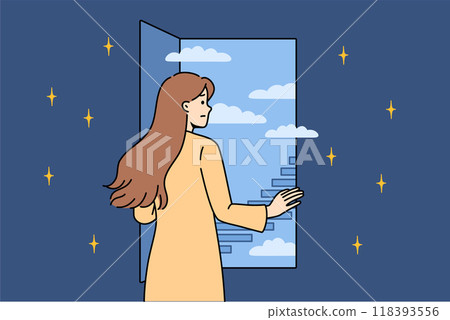Woman experiences fear future seeing at bright staircase in sky and is afraid to come out darkness 118393556