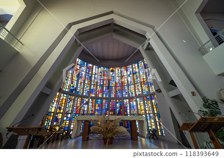 Cap Ferret, France - August 2024 : Interior of Notre Dame des Flots church in Cap Ferret on the Cap Ferret, France - August 2024 : Interior of Notre Dame des Flots church in Cap Ferret on the 118393649
