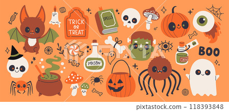 Cute Halloween element set. Ghost, skeleton, bat, pumpkin. For scrapbooking, greeting card, party invitation, poster 118393848