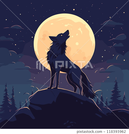 Wolf howls at moon. Howling wild dog or werewolf silhouette against full moon night cliff in forest, wildlife animal midnight moonlight mystic cartoon background vector illustration 118393962