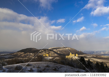 Palava winter landscape with Sirotci hradek ruins, Southern Moravia, Czech Republic 118393992