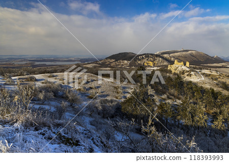 Palava winter landscape with Sirotci hradek ruins, Southern Moravia, Czech Republic 118393993