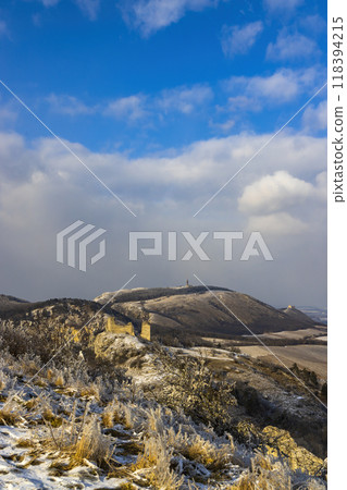 Palava winter landscape with Sirotci hradek ruins, Southern Moravia, Czech Republic 118394215