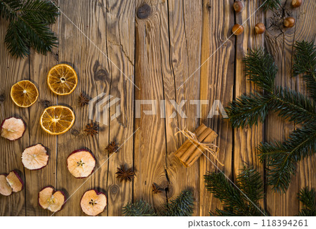 Traditional Czech Christmas on wood decoration with twig, apple, orange, fruit 118394261
