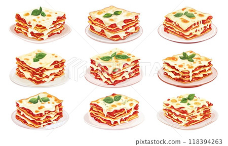 Lasagna. Italian traditional food, pasta with cheese beef basil bolognese sauce on plate meat dinner, set vector illustration Lasagna. Italian traditional food, pasta with cheese beef basil bolognese sauce on plate meat dinner, set vector illustration 118394263