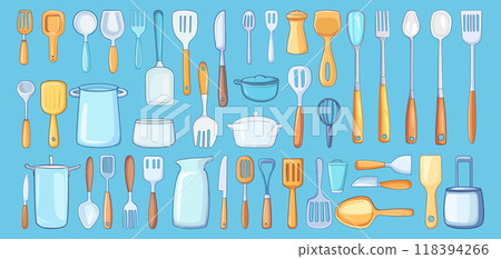 Kitchen utensil. Cooking equipment, fork spoon crockery ladle spatula saucepan utility knife, set vector illustration 118394266