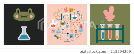 Education and study concept set with cute characters and composition. Chemistry lesson at school. Laboratory Test tubes, equipment for classes. Trendy modern vector illustration, hand drawn, flat Education and study concept set with cute characters and composition. Chemistry lesson at school. Laboratory Test tubes, equipment for classes. Trendy modern vector illustration, hand drawn, flat 118394299
