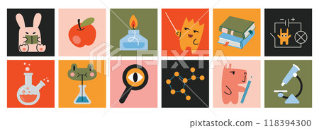 Studying science at school, physics and chemistry. Education concept. Set of colorful square stickers with cute characters and equipment for classes. Trendy vector illustration, hand drawn, flat 118394300
