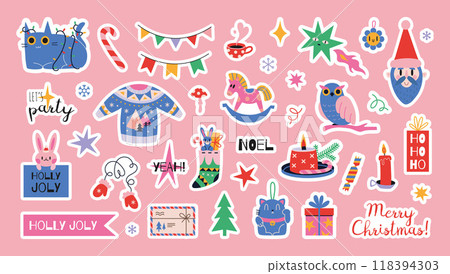 Cute stickerpack with New Year and Christmas attributes and trendy lettering in bright colors. Set of stickers for planner and diaries, vector flat illustration. Decorations for gift and postcards Cute stickerpack with New Year and Christmas attributes and trendy lettering in bright colors. Set of stickers for planner and diaries, vector flat illustration. Decorations for gift and postcards 118394303