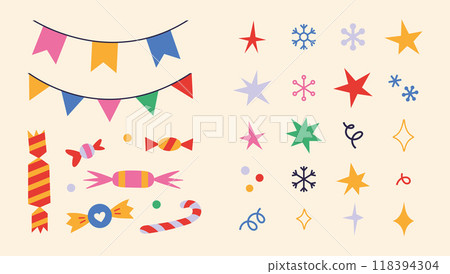 Set of elements for festive decoration such as garlands, stars, sparkles, snowflakes and sweets. Winter holidays, Christmas attributes. Trendy modern vector illustration, hand drawn, flat 118394304